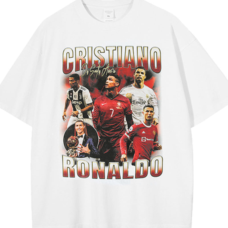 Mens Vintage Football T-Shirt Ronaldo Printed Short Sleeve T-Shirt Loose Washed Old Top