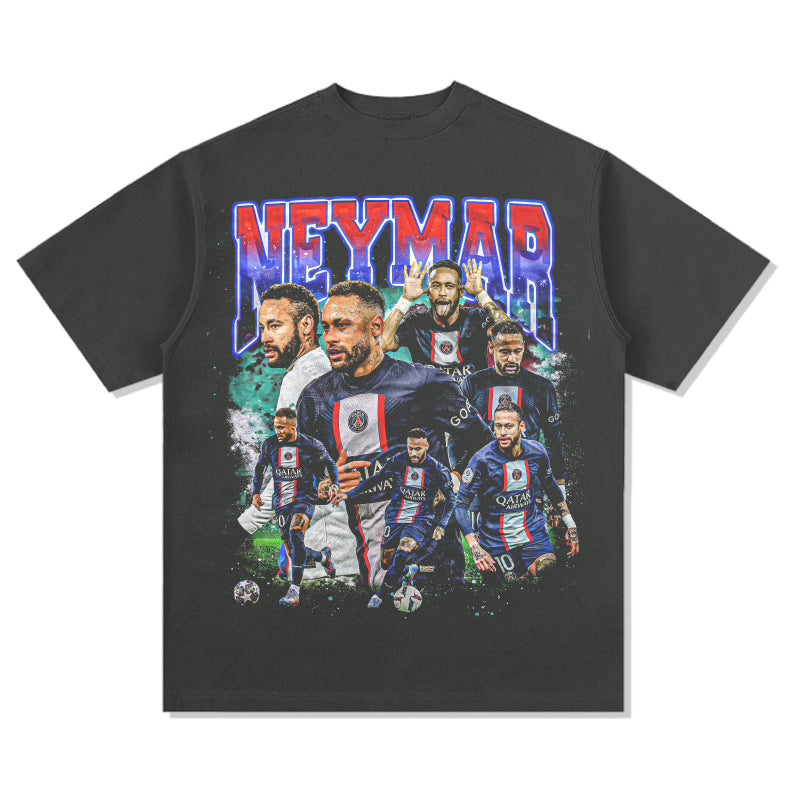 Mens Vintage Football T-Shirt Neymar Printed Short Sleeve T-Shirt Versatile Crew Neck Casual