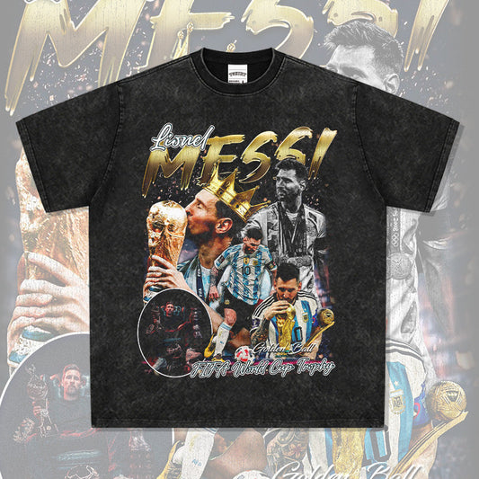 Mens Vintage Football T-Shirt BC Messi World Cup Printed Vintage Short Sleeve Washed Old T-Shirt