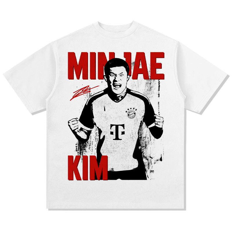 Mens Vintage Football T-Shirt Vintage Minjae Kim Print Short Sleeve Versatile Crew Neck Casual T-Shirt