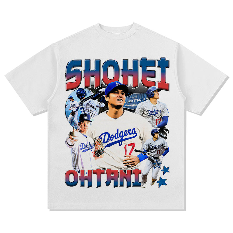 Mens Vintage Football T-Shirt Shohei Ohtan Printed Short Sleeve T-Shirt Vintage Washed Crew Neck