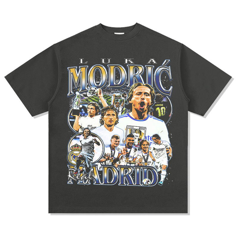 Mens Vintage Football T-Shirt MODRIC Real Madrid Modric Print Short Sleeve T-Shirt Vintage Wash