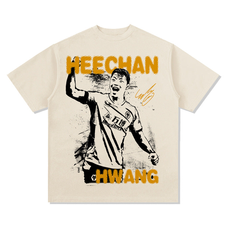 Mens Vintage Football T-Shirt Vintage heechan hwang print short-sleeved T-shirt Crew neck casual