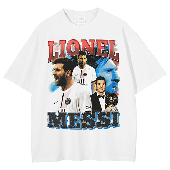 Mens Vintage Football T-Shirt Leo Messi Football Printing Short Sleeve Loose T-Shirt Washed and Old