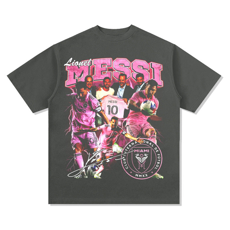 Mens Vintage Football T-Shirt Vintage Messi Printed Short Sleeve T-Shirt Versatile Crew Neck