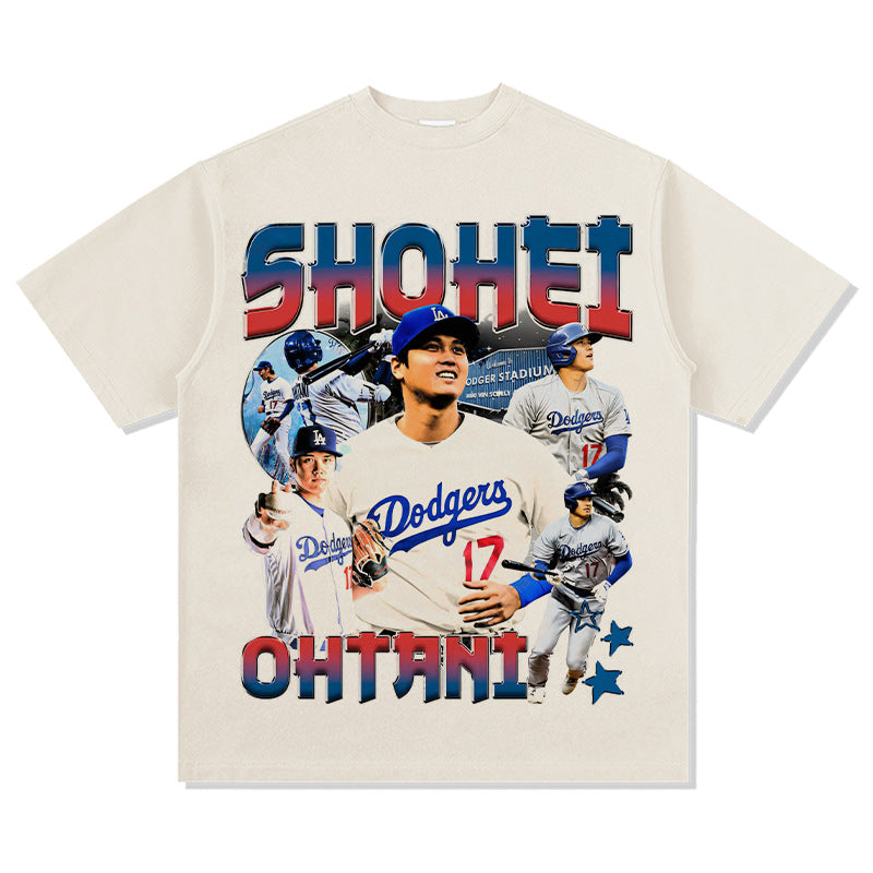 Mens Vintage Football T-Shirt Shohei Ohtan Printed Short Sleeve T-Shirt Vintage Washed Crew Neck