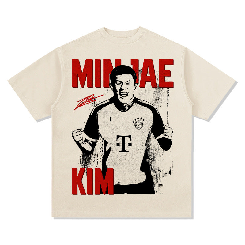 Mens Vintage Football T-Shirt Vintage Minjae Kim Print Short Sleeve Versatile Crew Neck Casual T-Shirt