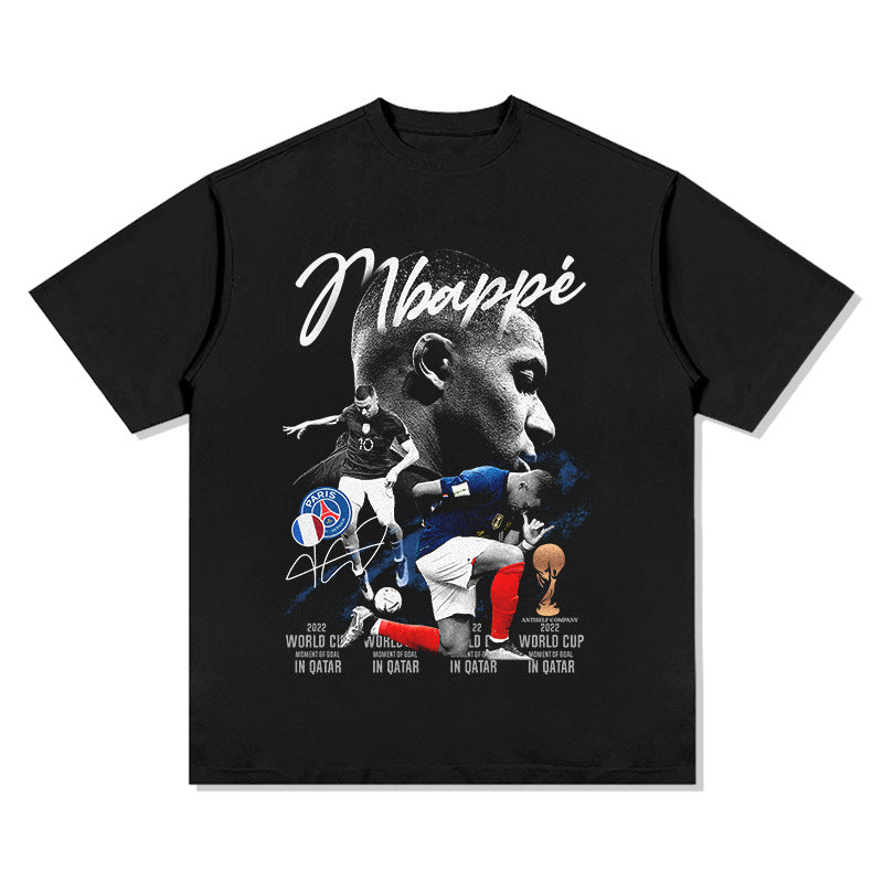 Mens Vintage Football T-Shirt Mbappe Vintage Cotton Short Sleeve Summer Loose Top T-Shirt