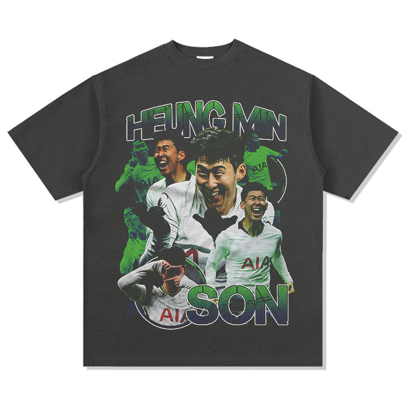 Men Vintage Football T-Shirt Retro HEUNG MIN SON Printed Washed Old Short Sleeve T-Shirt