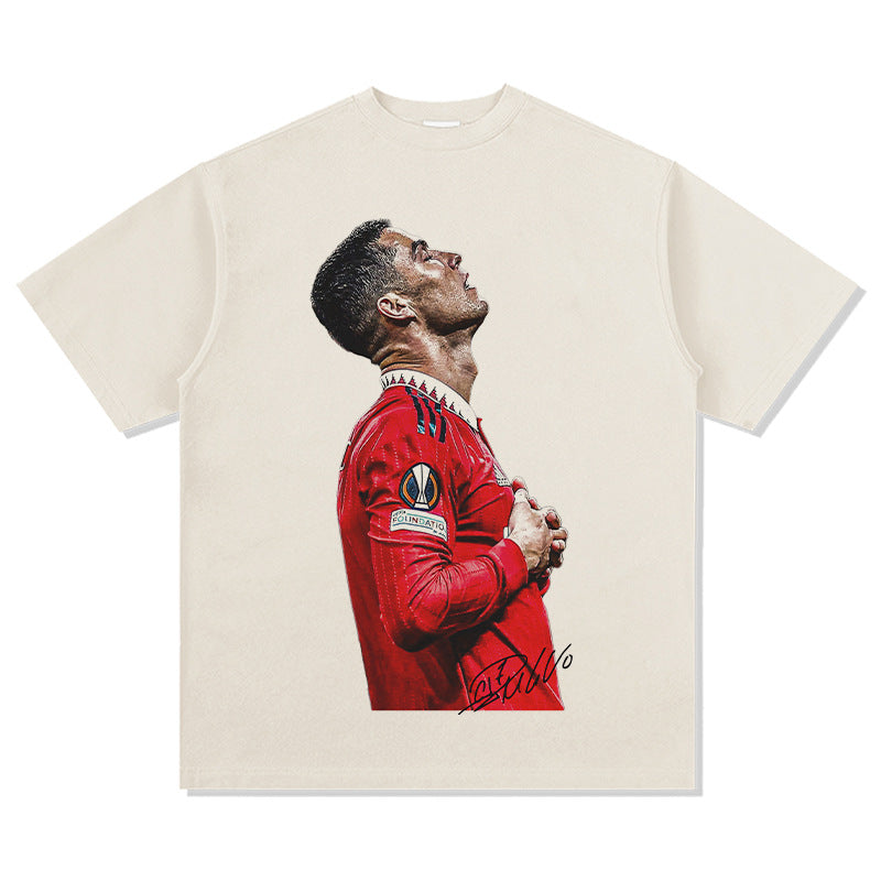 Mens Vintage Football T-Shirt Vintage Ronaldo Printed Short Sleeve T-Shirt Washed Loose