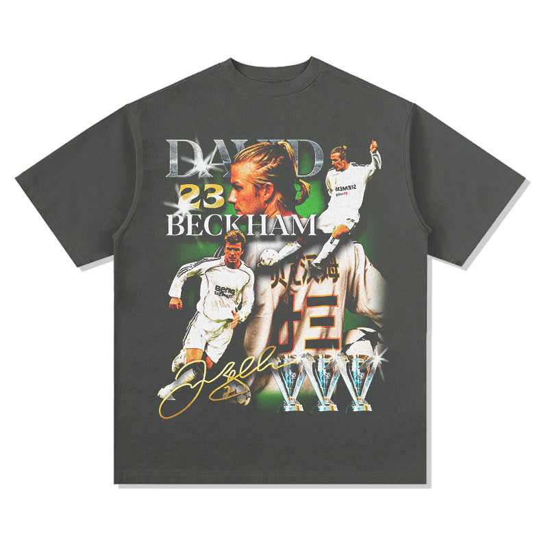 Mens Vintage Football T-Shirt Beckham Vintage Star Print Men's Short Sleeve T-Shirt Summer Loose