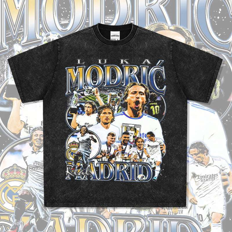 Mens Vintage Football T-Shirt MODRIC Real Madrid Modric Print Short Sleeve T-Shirt Vintage Wash