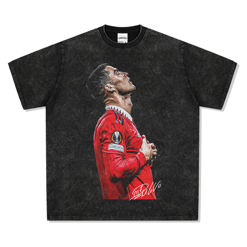 Mens Vintage Football T-Shirt Vintage Ronaldo Printed Short Sleeve T-Shirt Washed Loose