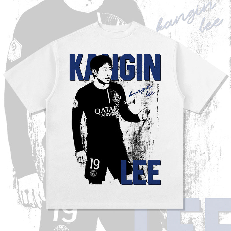 Mens Vintage Football T-Shirt Vintage kangin lee print short-sleeved T-shirt washed