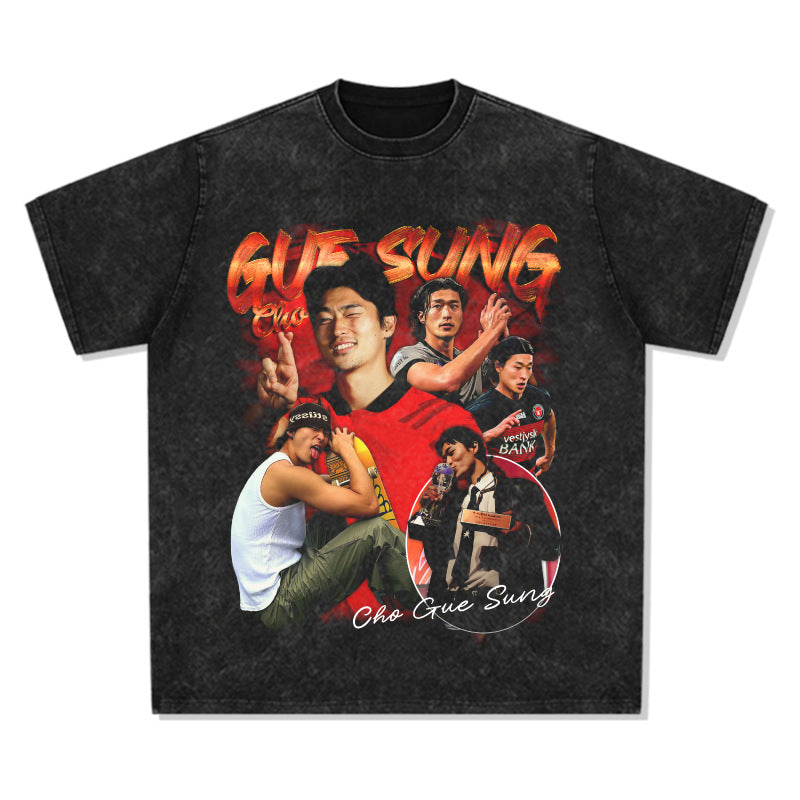 Mens Vintage Football T-Shirt Gue sung Cho Printed Short Sleeve T-Shirt Vintage Loose