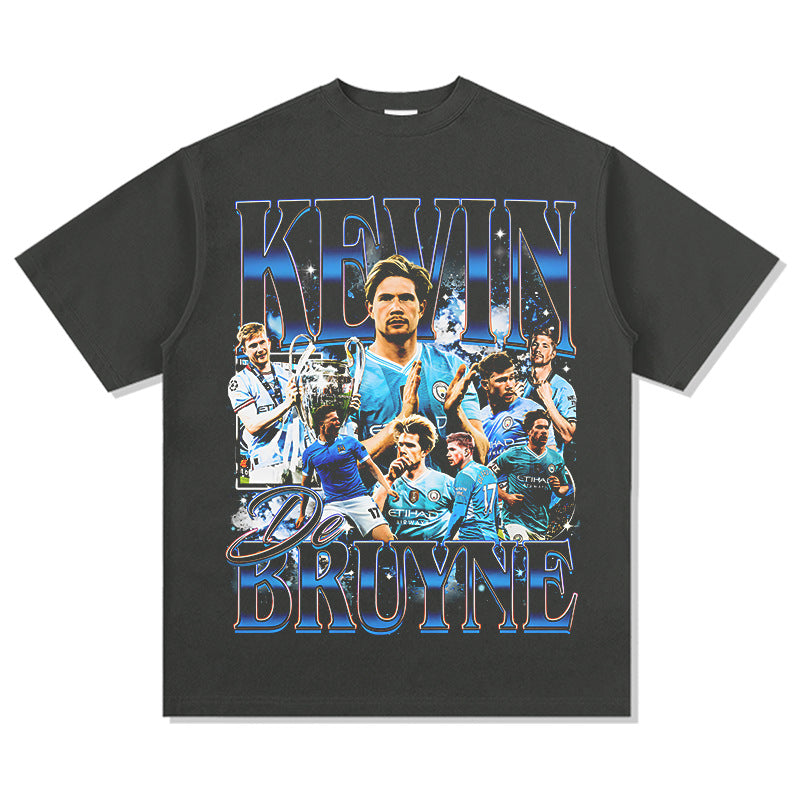 Mens Vintage Football T-Shirt De Bruyne Printed T-Shirt Washed Crew Neck Loose