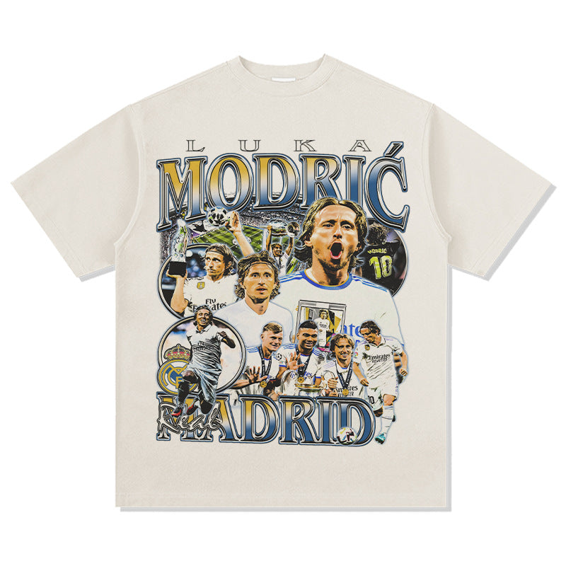 Mens Vintage Football T-Shirt MODRIC Real Madrid Modric Print Short Sleeve T-Shirt Vintage Wash