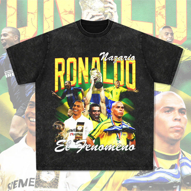 Mens Vintage Football T-Shirt Ronaldo Printed T-Shirt Vintage Crew Neck Cotton