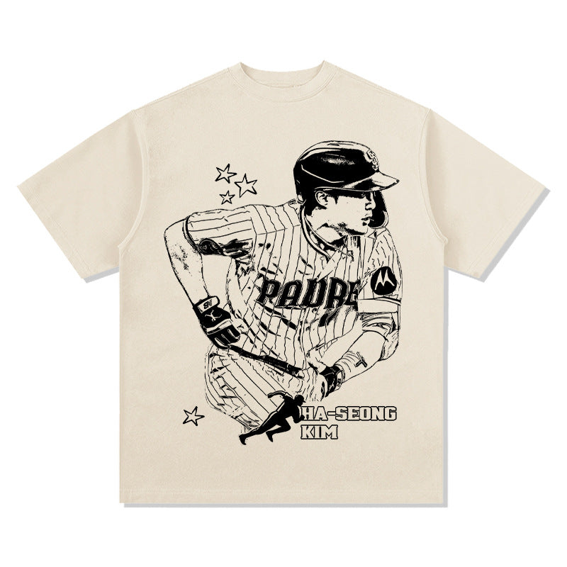 Men Vintage Football T-Shirt Ha-Seong Kim Printed Short Sleeve T-Shirt Loose Crew Neck Vintage