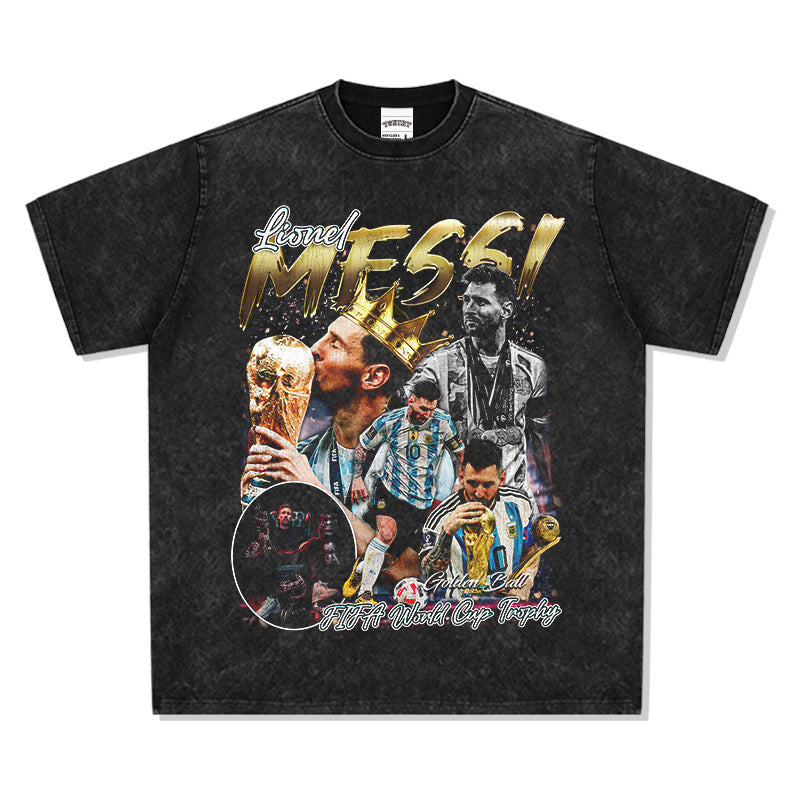 Mens Vintage Football T-Shirt BC Messi World Cup Printed Vintage Short Sleeve Washed Old T-Shirt