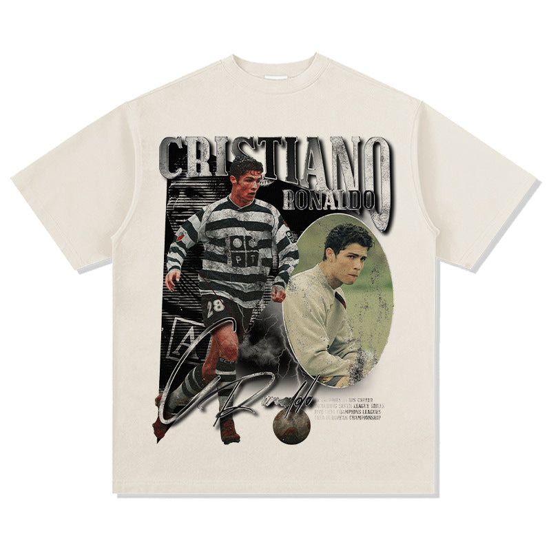 Men Vintage Football T-Shirt Short Sleeve Vintage Summer Cristiano Printed Cotton Top