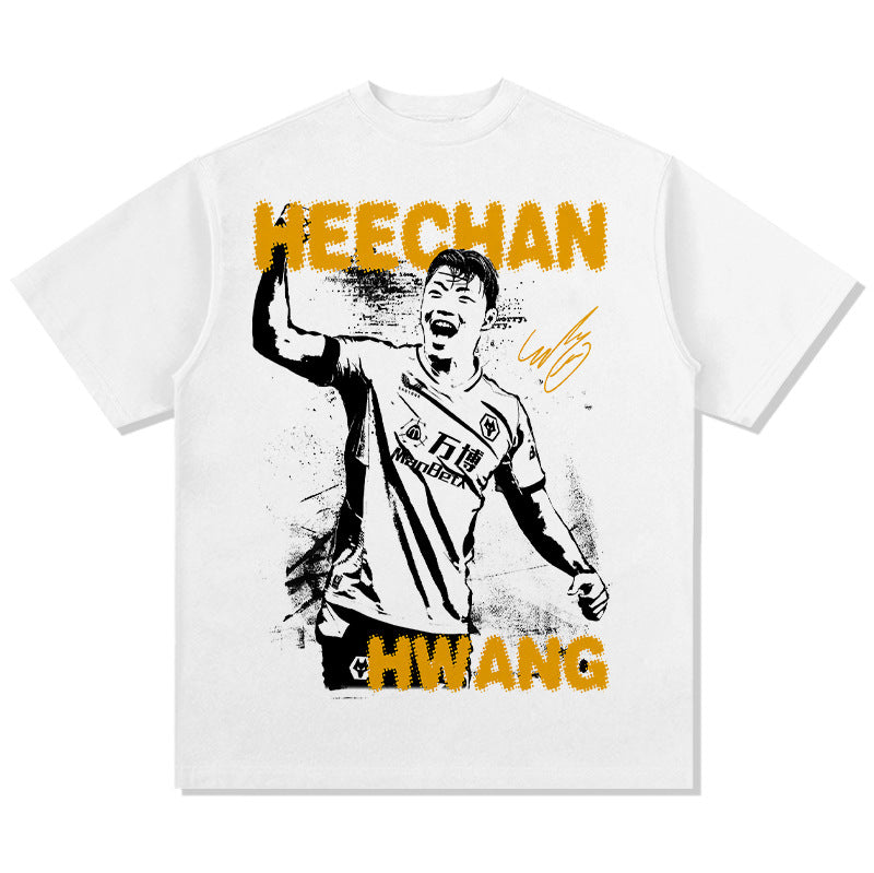 Mens Vintage Football T-Shirt Vintage heechan hwang print short-sleeved T-shirt Crew neck casual