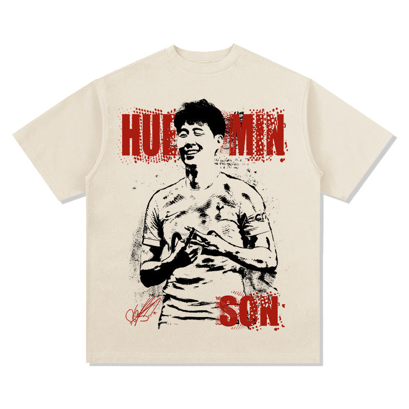 Men Vintage Football T-Shirt Vintage Son Hueng-Min Printed Short Sleeve T-Shirt Long Sleeve Washed Crew Neck