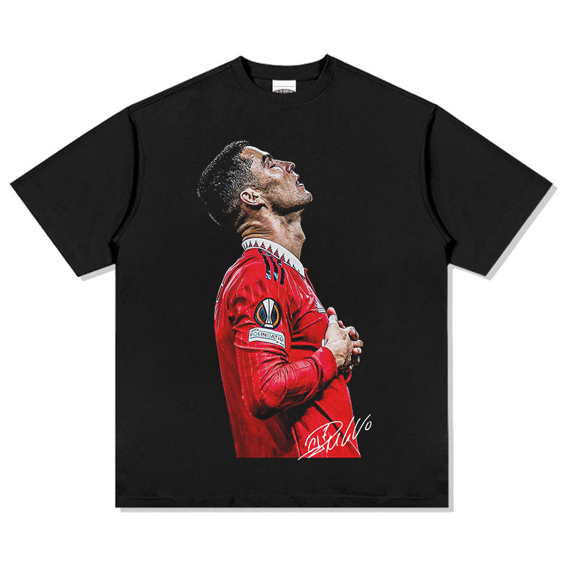 Mens Vintage Football T-Shirt Vintage Ronaldo Printed Short Sleeve T-Shirt Washed Loose