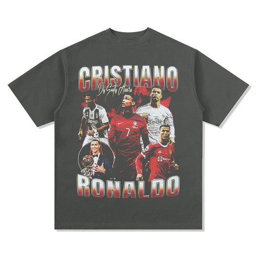 Mens Vintage Football T-Shirt Ronaldo Printed Short Sleeve T-Shirt Loose Washed Old Top