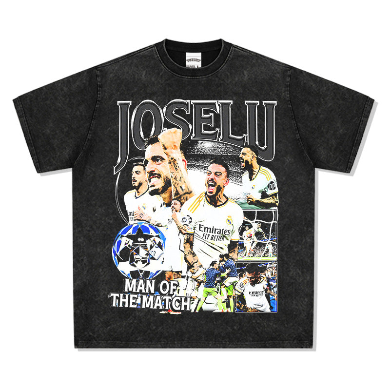 Mens Vintage Football T-Shirt Vintage Joselu Printed Short Sleeve T-Shirt Wash