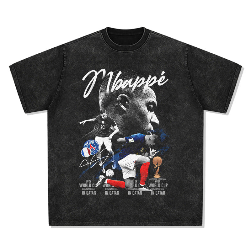 Mens Vintage Football T-Shirt Mbappe Vintage Cotton Short Sleeve Summer Loose Top T-Shirt