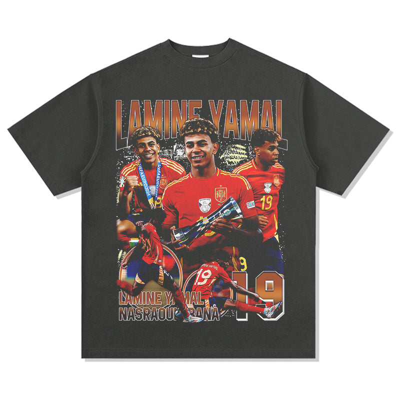 Mens Vintage Football T-Shirt Vintage Yamal Printed Short Sleeve T-Shirt Washed Cotton Crew Neck