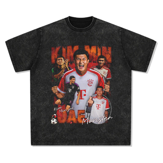 Men Vintage Football T-Shirt Kim Min Jae Printed Short Sleeve Vintage Washed Old T-Shirt