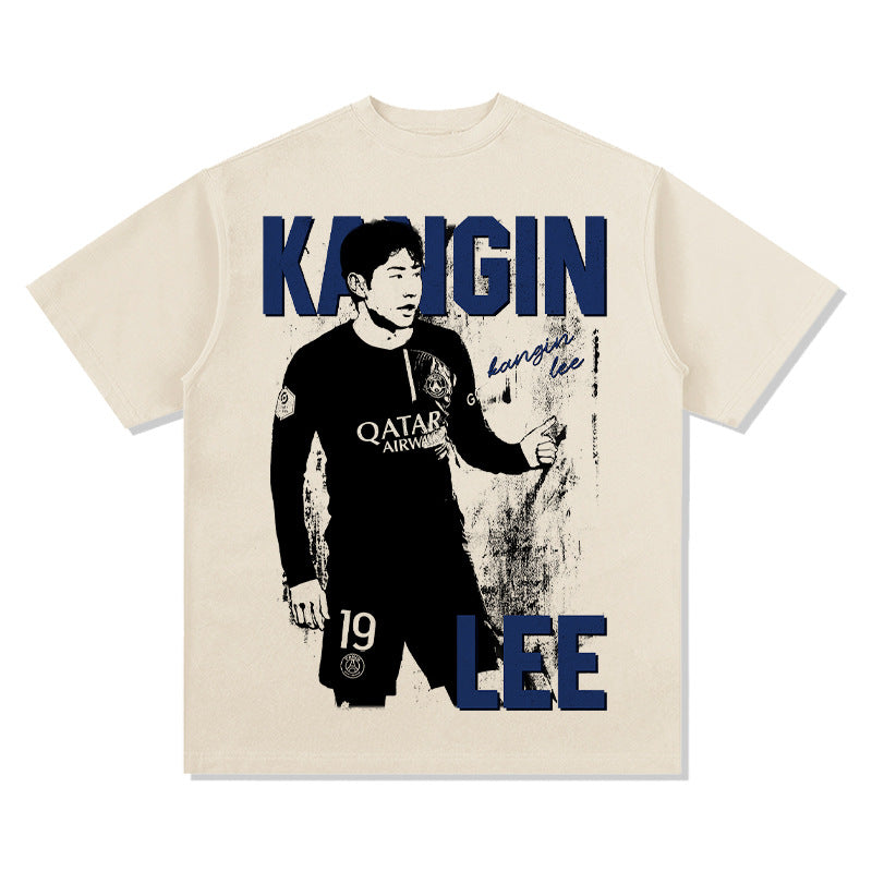 Mens Vintage Football T-Shirt Vintage kangin lee print short-sleeved T-shirt washed