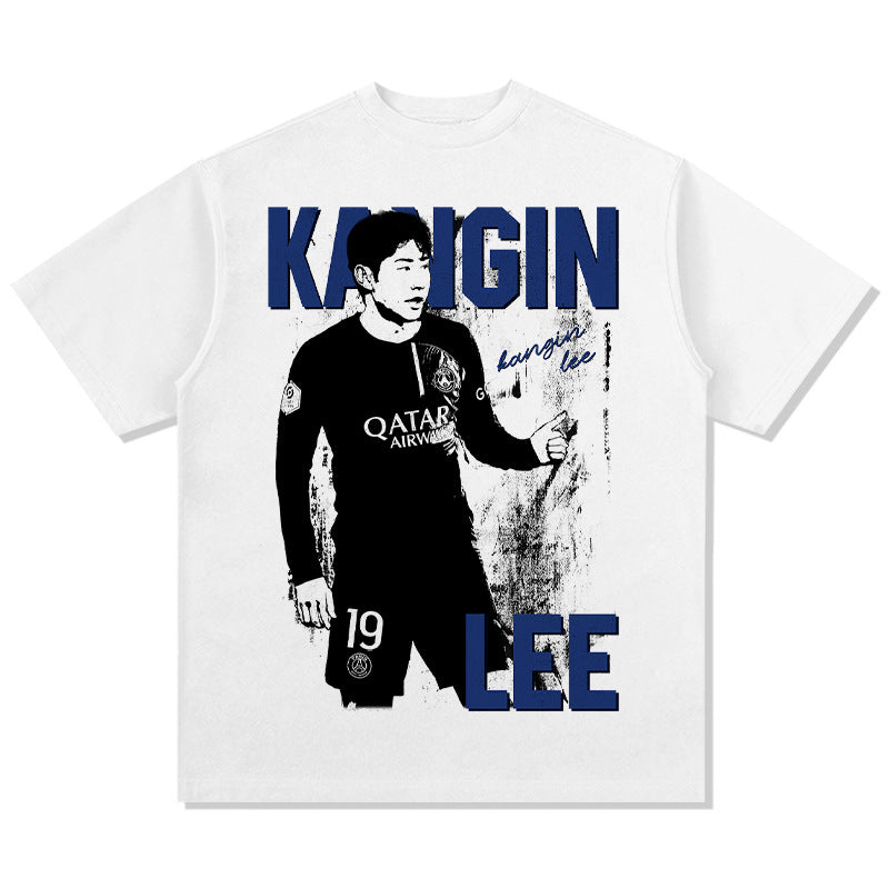 Mens Vintage Football T-Shirt Vintage kangin lee print short-sleeved T-shirt washed