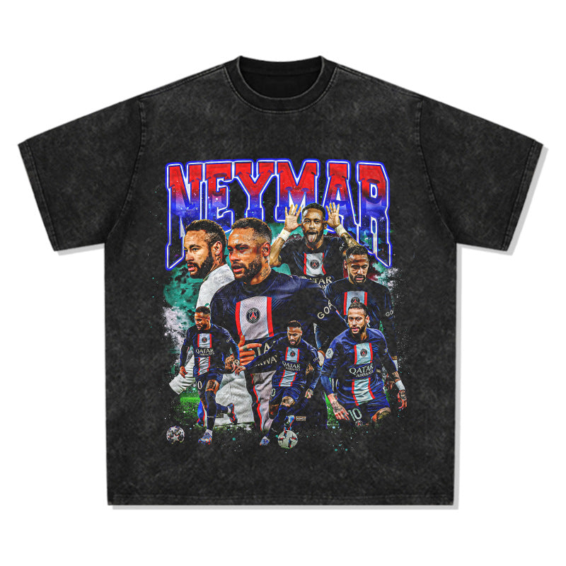 Mens Vintage Football T-Shirt Neymar Printed Short Sleeve T-Shirt Versatile Crew Neck Casual