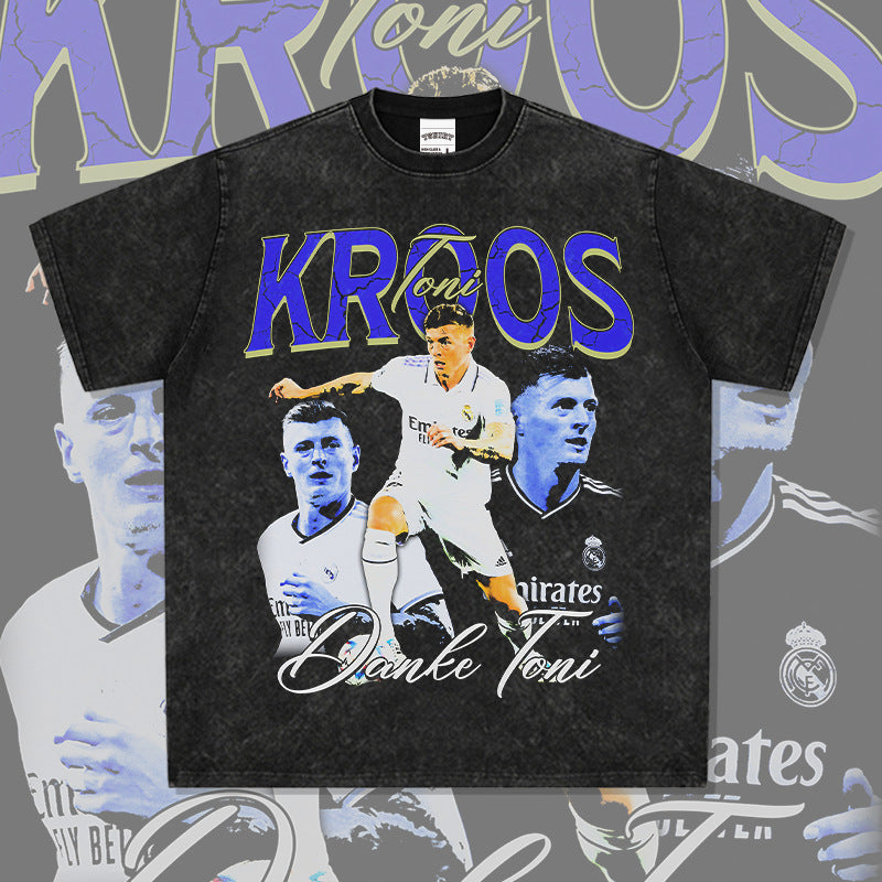 Mens Vintage Football T-Shirt Vintage Toni Kroos Printed Short Sleeve T-Shirt Washed Crew Neck