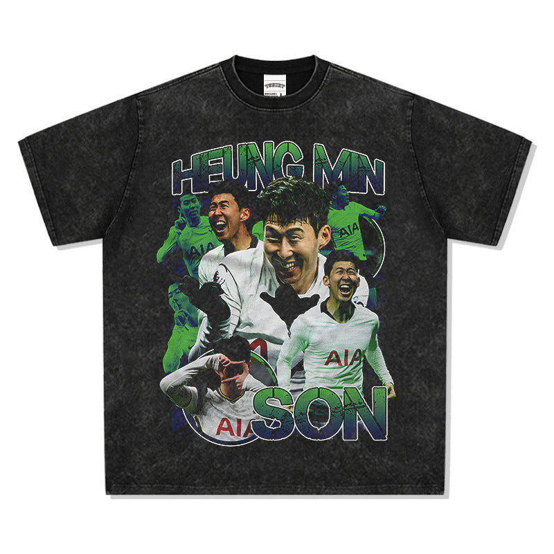 Men Vintage Football T-Shirt Retro HEUNG MIN SON Printed Washed Old Short Sleeve T-Shirt