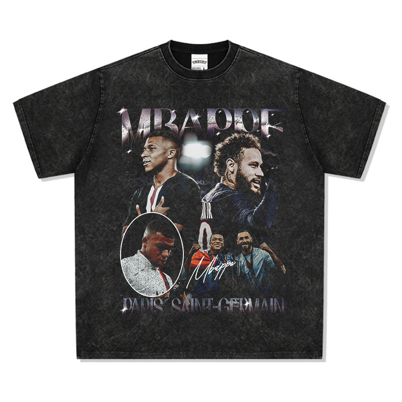 Mens Vintage Football T-Shirt Mbappe Printed Short Sleeve T-Shirt Summer Loose