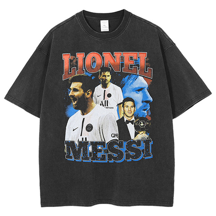 Mens Vintage Football T-Shirt Leo Messi Football Printing Short Sleeve Loose T-Shirt Washed and Old