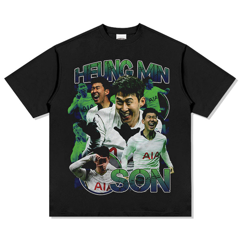 Men Vintage Football T-Shirt Retro HEUNG MIN SON Printed Washed Old Short Sleeve T-Shirt