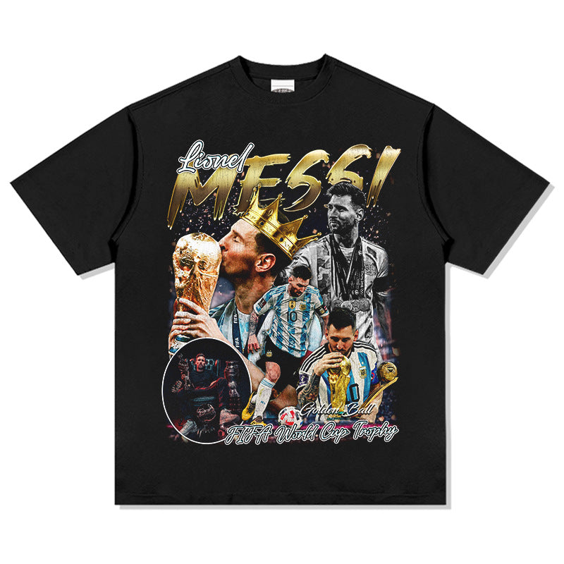 Mens Vintage Football T-Shirt BC Messi World Cup Printed Vintage Short Sleeve Washed Old T-Shirt