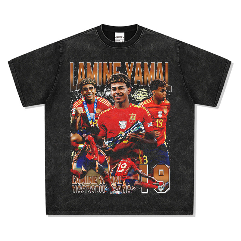 Mens Vintage Football T-Shirt Vintage Yamal Printed Short Sleeve T-Shirt Washed Cotton Crew Neck