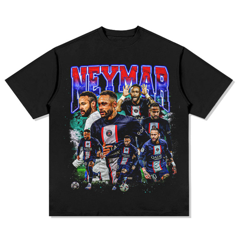 Mens Vintage Football T-Shirt Neymar Printed Short Sleeve T-Shirt Versatile Crew Neck Casual