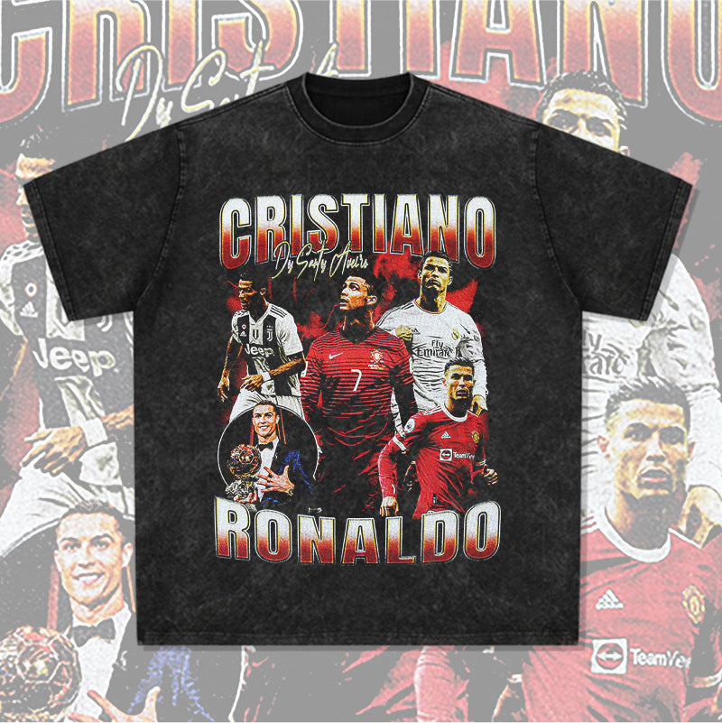 Mens Vintage Football T-Shirt Ronaldo Printed Short Sleeve T-Shirt Loose Washed Old Top