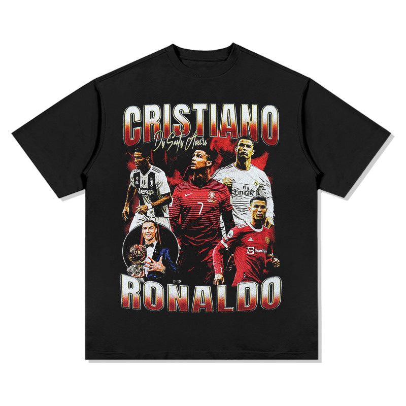 Mens Vintage Football T-Shirt Ronaldo Printed Short Sleeve T-Shirt Loose Washed Old Top