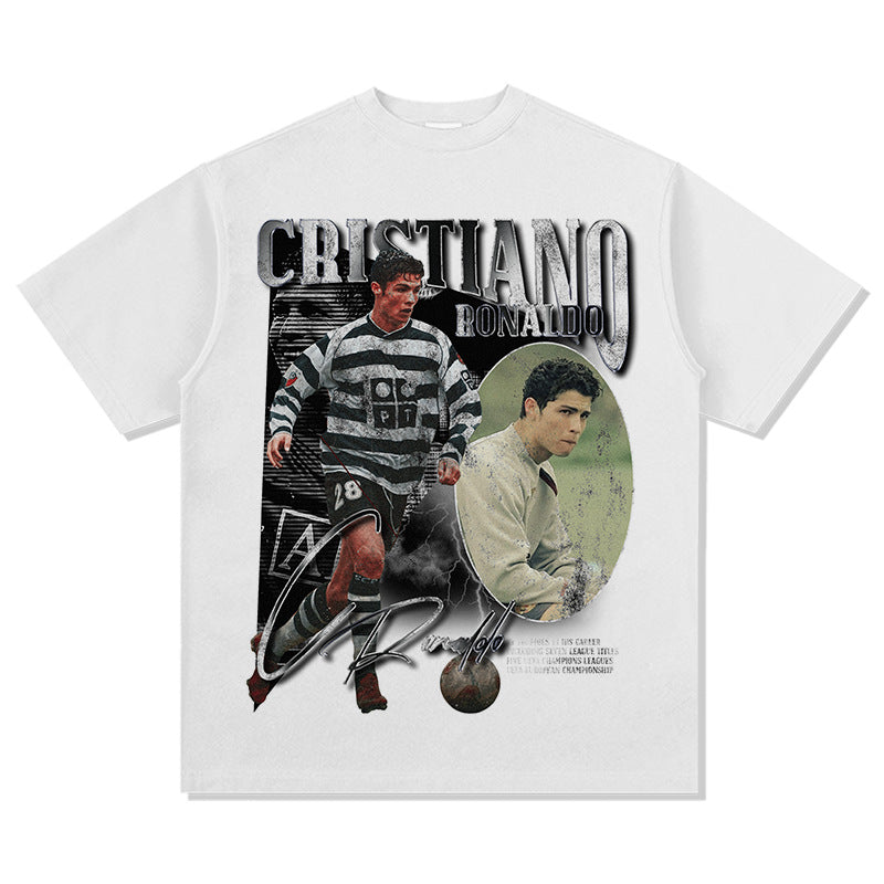 Men Vintage Football T-Shirt Short Sleeve Vintage Summer Cristiano Printed Cotton Top