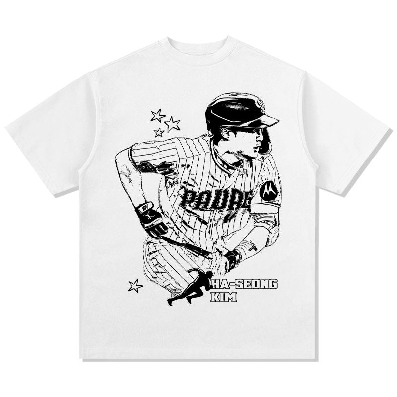 Men Vintage Football T-Shirt Ha-Seong Kim Printed Short Sleeve T-Shirt Loose Crew Neck Vintage