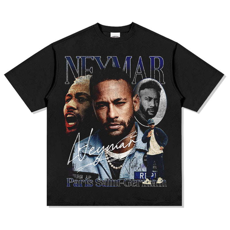 Men's Vintage Football T-Shirt Neymar Loose Vintage Short Sleeve T-Shirt Men's Summer Football Print