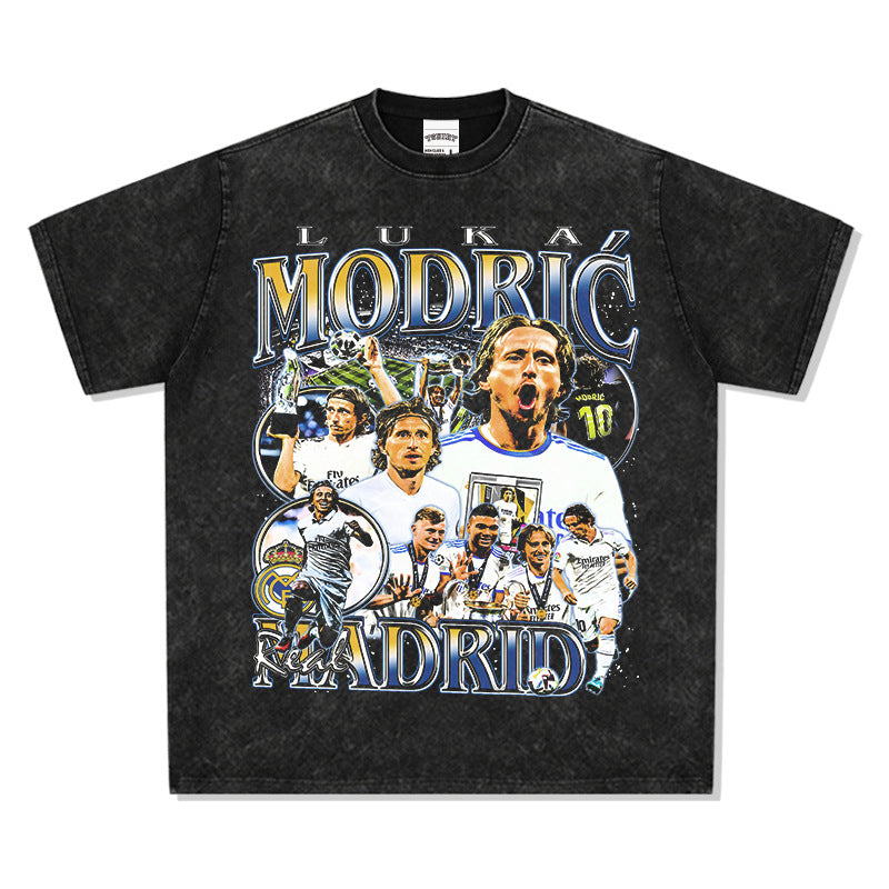 Mens Vintage Football T-Shirt MODRIC Real Madrid Modric Print Short Sleeve T-Shirt Vintage Wash